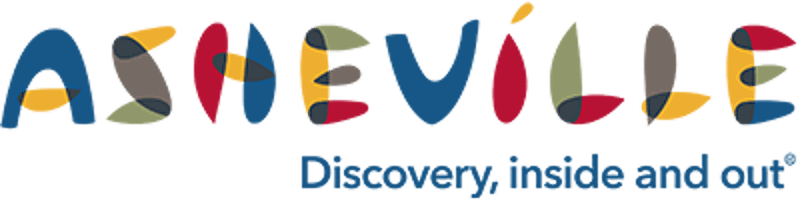 The image displays the word "ASHEVILLE" in a stylized, colorful font. Each letter is composed of different colors and shapes, giving it a playful and artistic appearance. Below the word, in a smaller, simpler blue font, is the phrase "Discovery, inside and out". The background is a solid green color, which makes the text stand out.